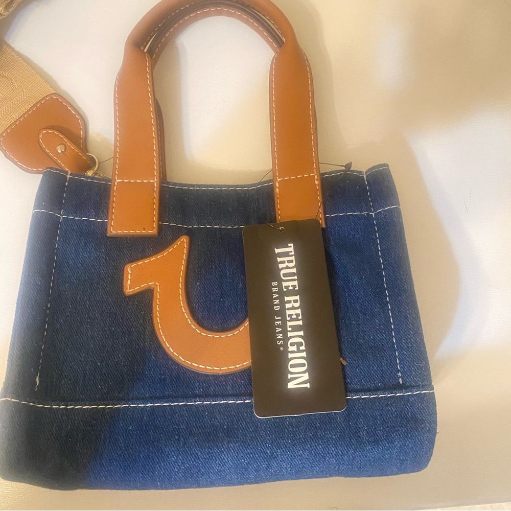 True Religion Blue and Brown Denim Tote